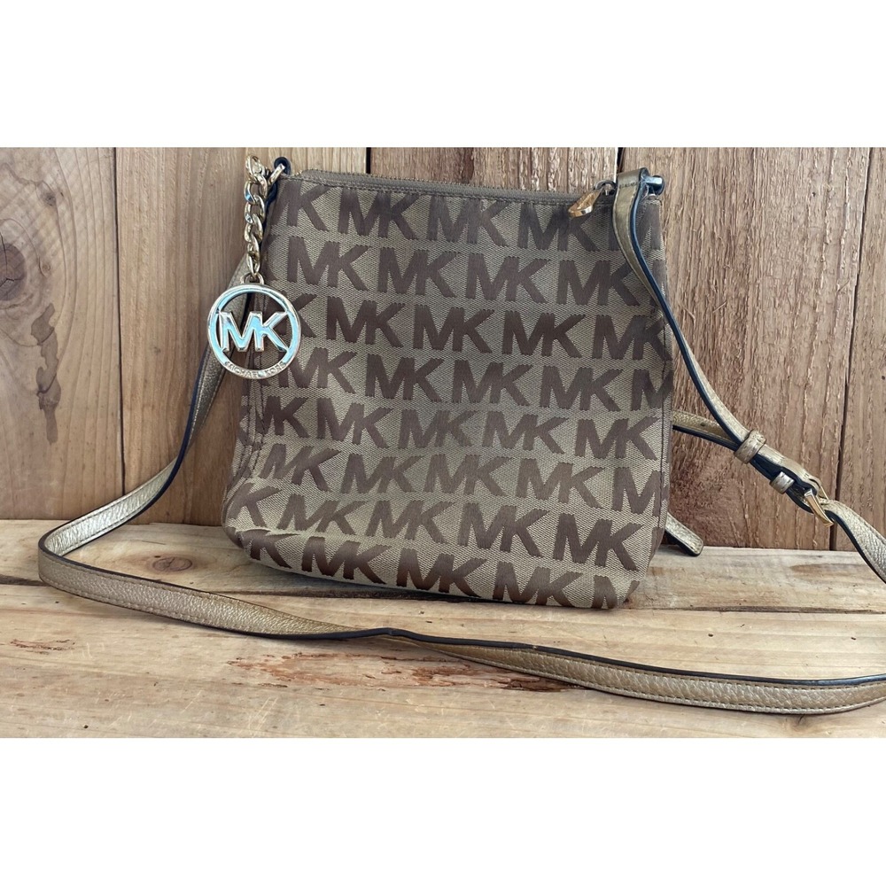 Michael Kors MK‎ Jet Set Signature Canvas Small Crossbody Brown Leather Tassel